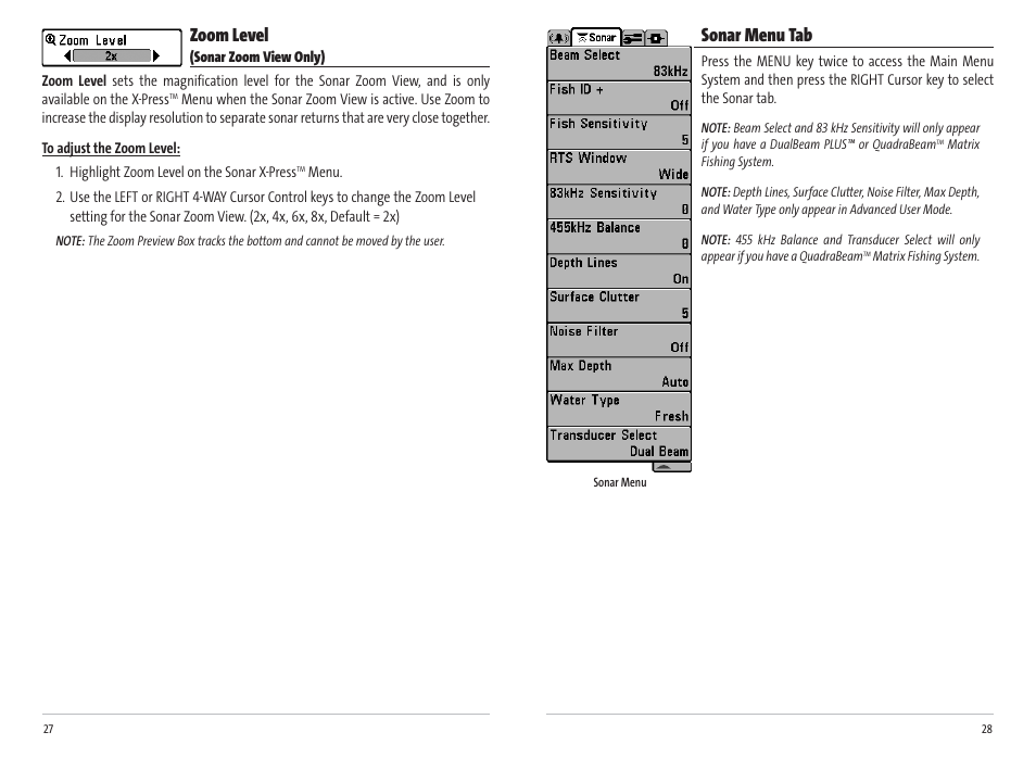 Sonar menu tab, Zoom level | Humminbird Matrix 17 User Manual | Page 17 / 31
