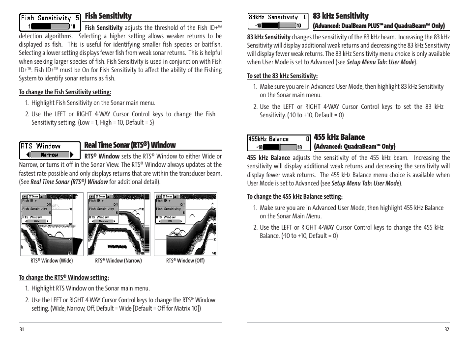 83 khz sensitivity, 455 khz balance, Fish sensitivity | Real time sonar (rts®) window | Humminbird Matrix 17 User Manual | Page 19 / 31