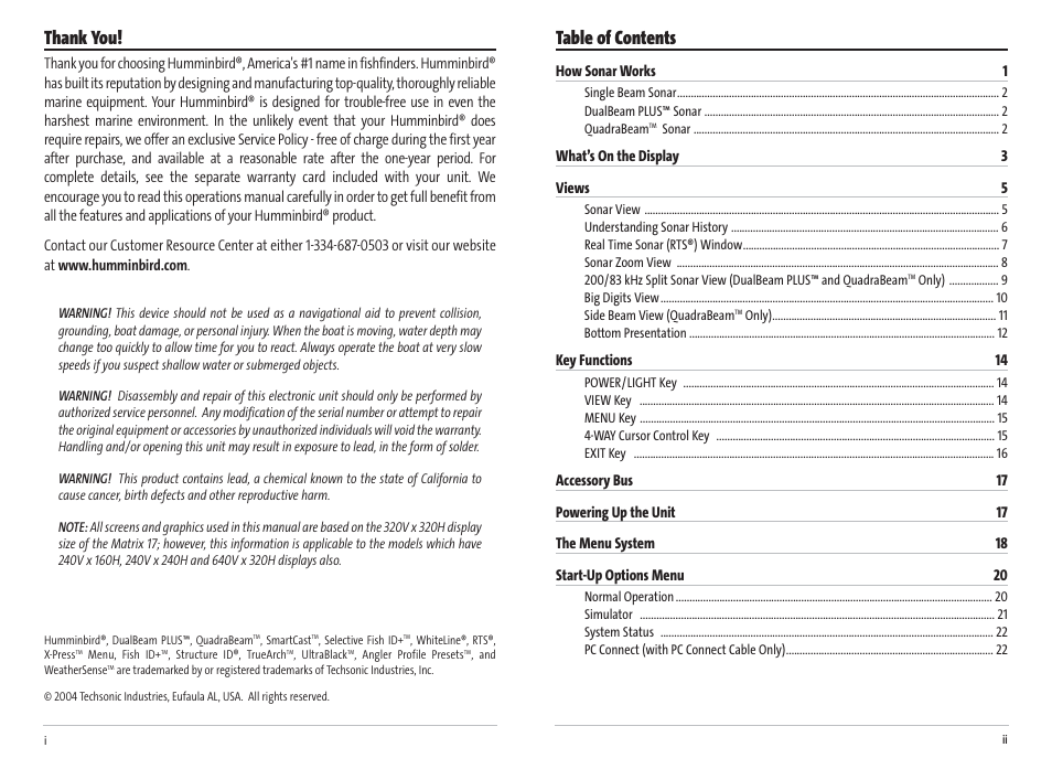 Humminbird Matrix 17 User Manual | Page 2 / 31