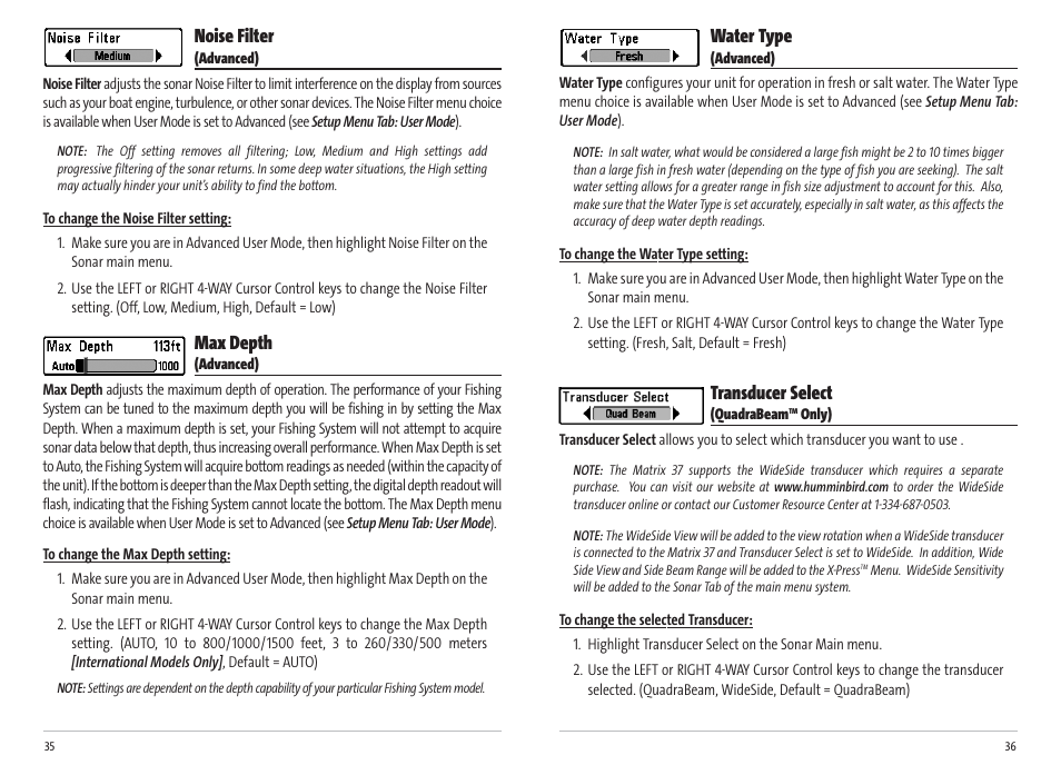 Water type, Transducer select, Noise filter | Max depth | Humminbird Matrix 17 User Manual | Page 21 / 31