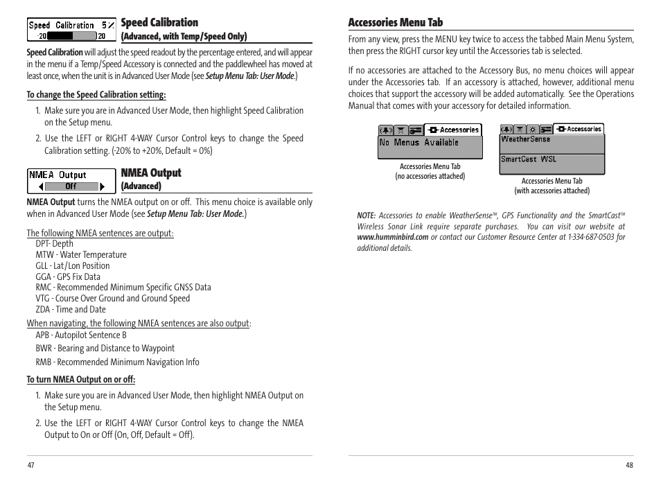 Speed calibration, Nmea output, Accessories menu tab | Humminbird Matrix 17 User Manual | Page 27 / 31