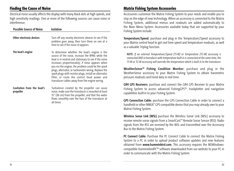 Matrix fishing system accessories, Finding the cause of noise | Humminbird Matrix 17 User Manual | Page 29 / 31