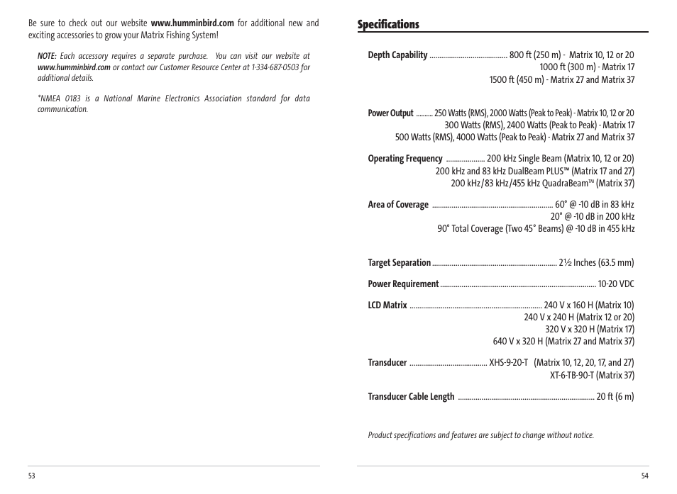Specifications | Humminbird Matrix 17 User Manual | Page 30 / 31