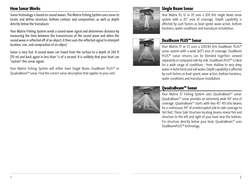 How sonar works, Single beam sonar, Dualbeam plus™ sonar | Quadrabeam™ sonar | Humminbird Matrix 17 User Manual | Page 4 / 31