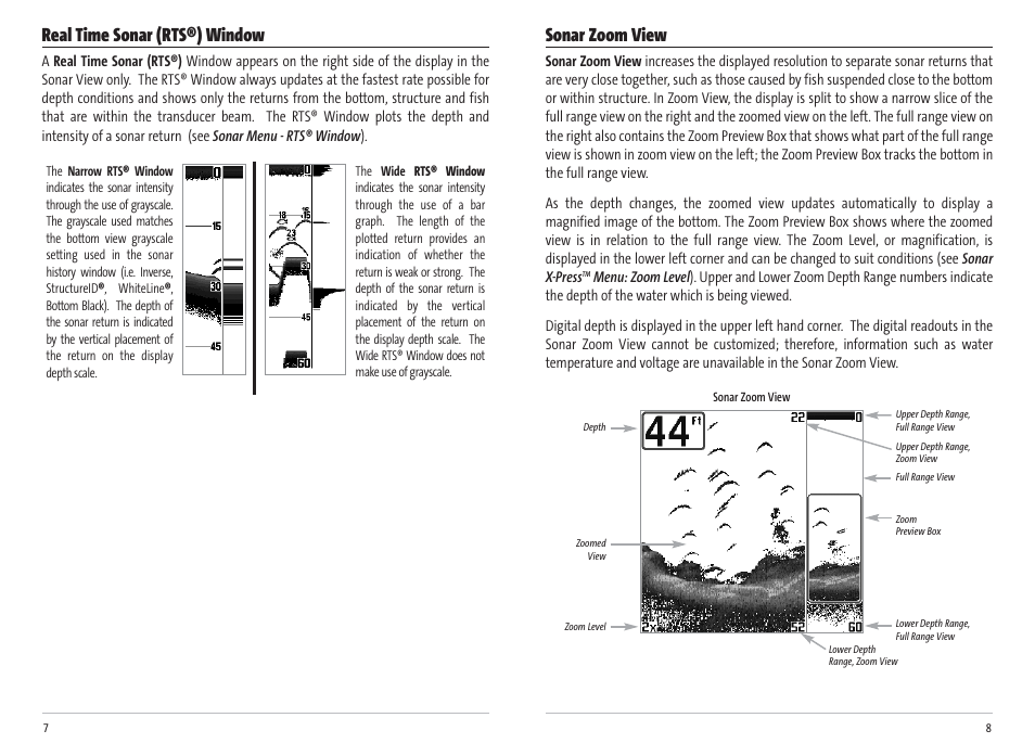Sonar zoom view, Real time sonar (rts®) window | Humminbird Matrix 17 User Manual | Page 7 / 31