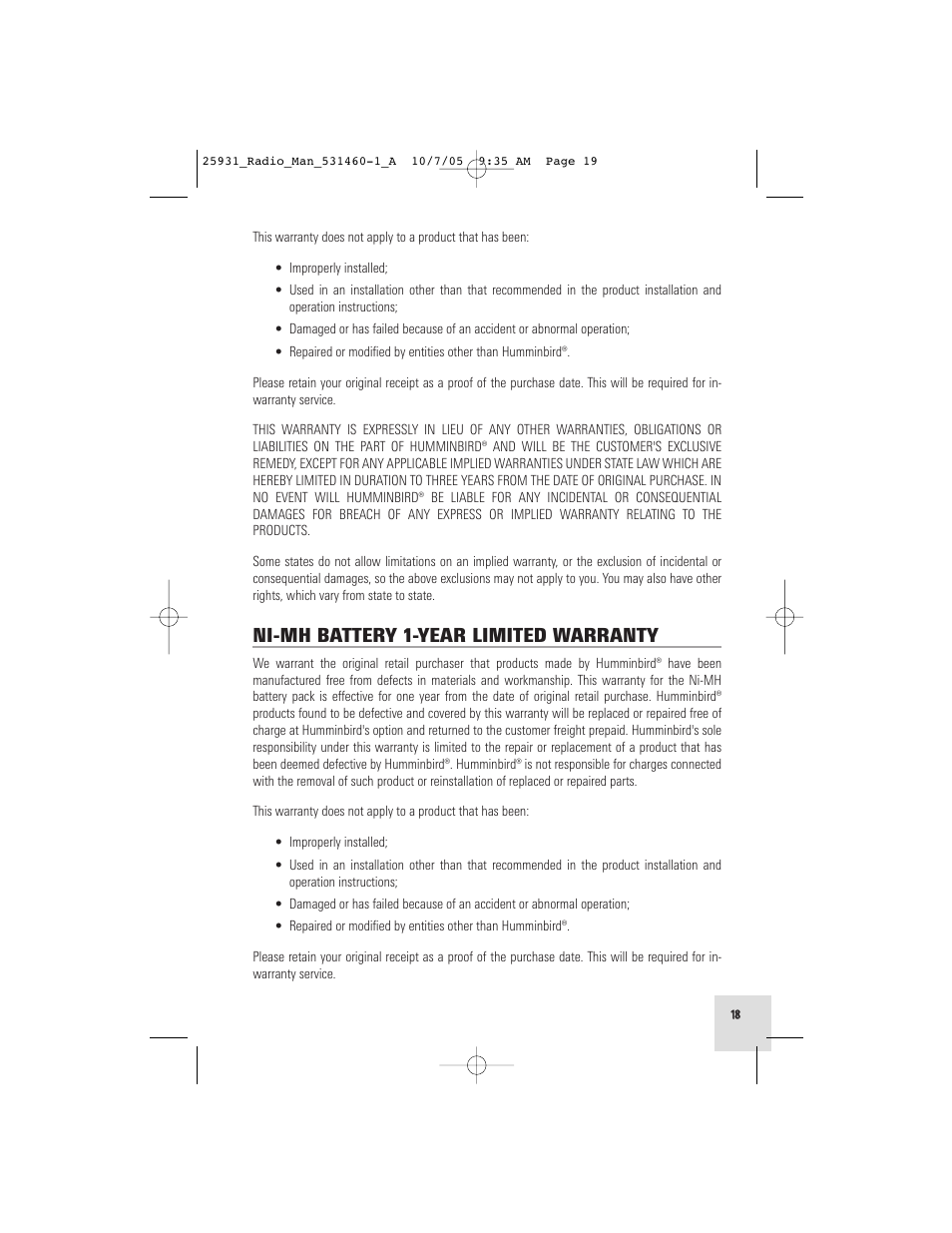 Ni-mh battery 1-year limited warranty | Humminbird VHF55S User Manual | Page 19 / 32