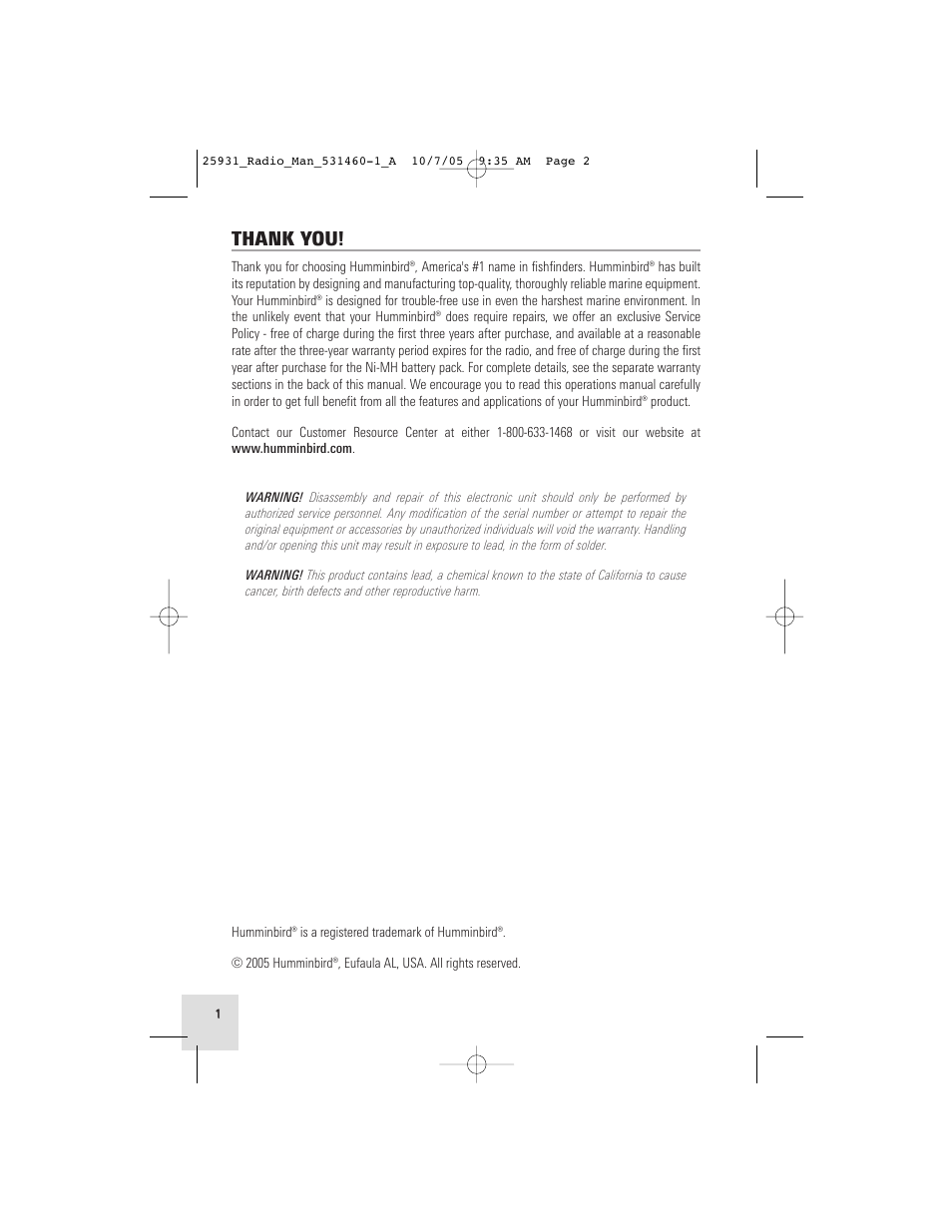 Humminbird VHF55S User Manual | Page 2 / 32