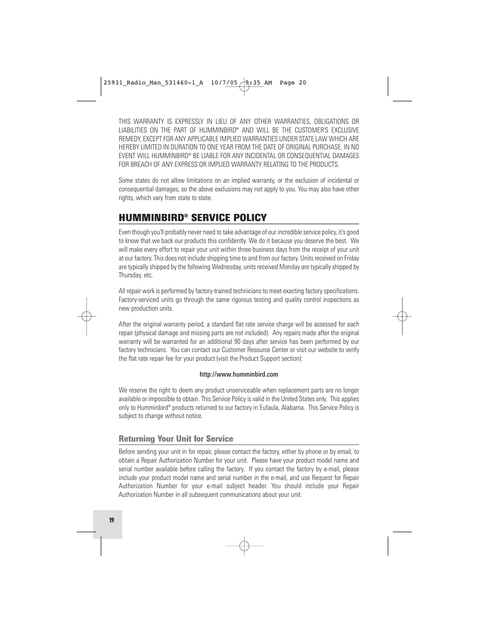 Humminbird® service policy | Humminbird VHF55S User Manual | Page 20 / 32