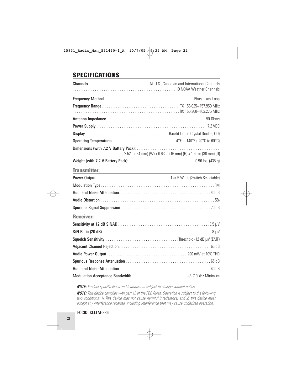 Specifications | Humminbird VHF55S User Manual | Page 22 / 32