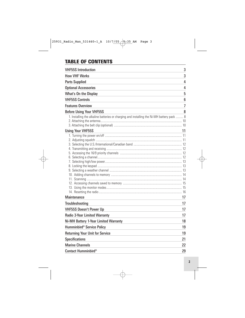 Humminbird VHF55S User Manual | Page 3 / 32