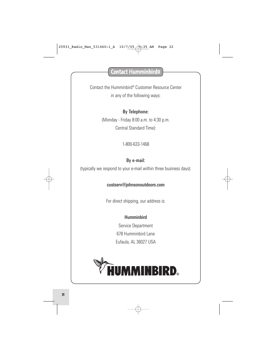 Ccoonnttaacctt h huum mm miinnbbiirrdd | Humminbird VHF55S User Manual | Page 32 / 32