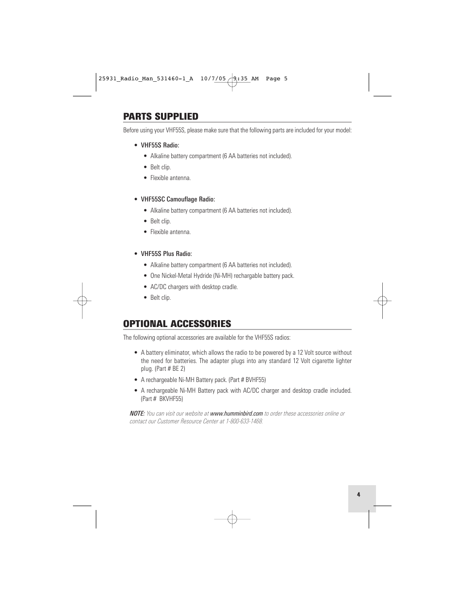 Parts supplied, Optional accessories | Humminbird VHF55S User Manual | Page 5 / 32