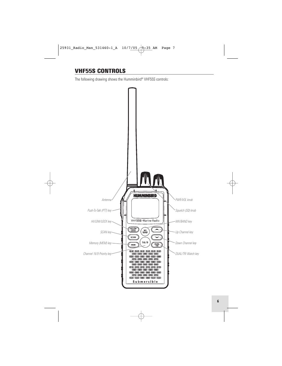 Vhf55s controls | Humminbird VHF55S User Manual | Page 7 / 32