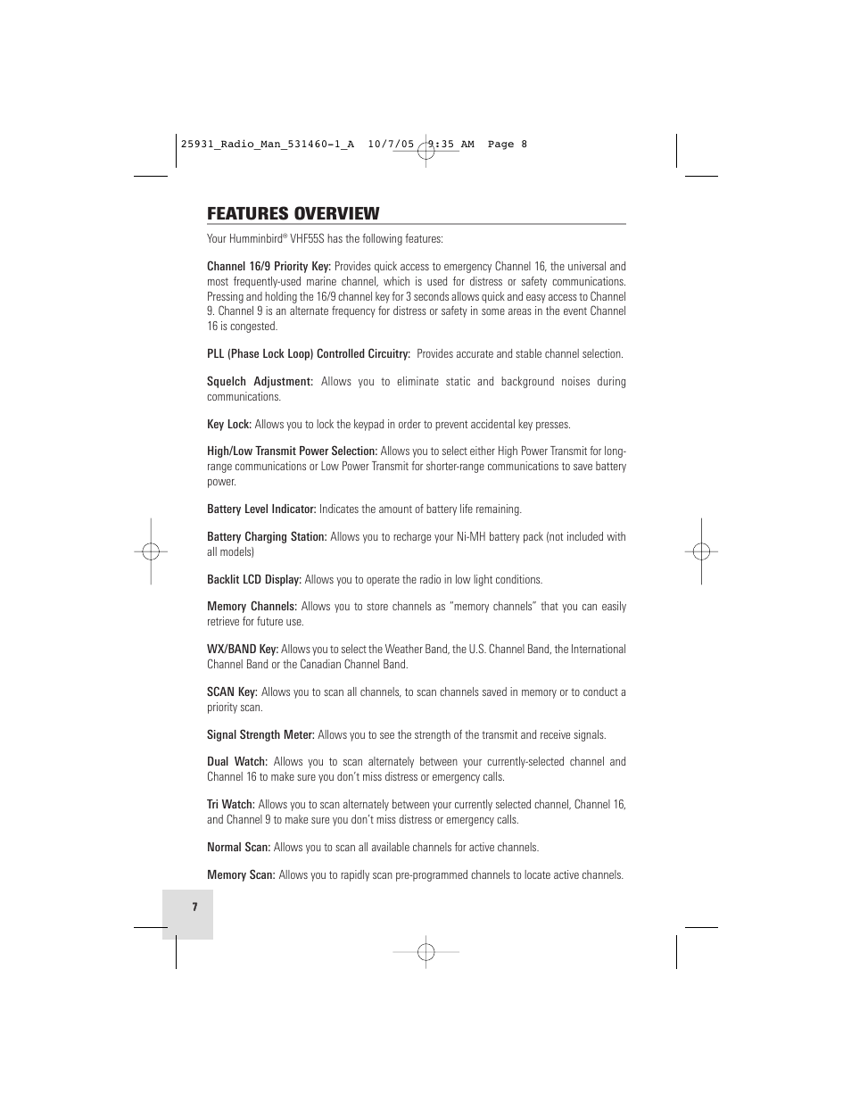 Features overview | Humminbird VHF55S User Manual | Page 8 / 32