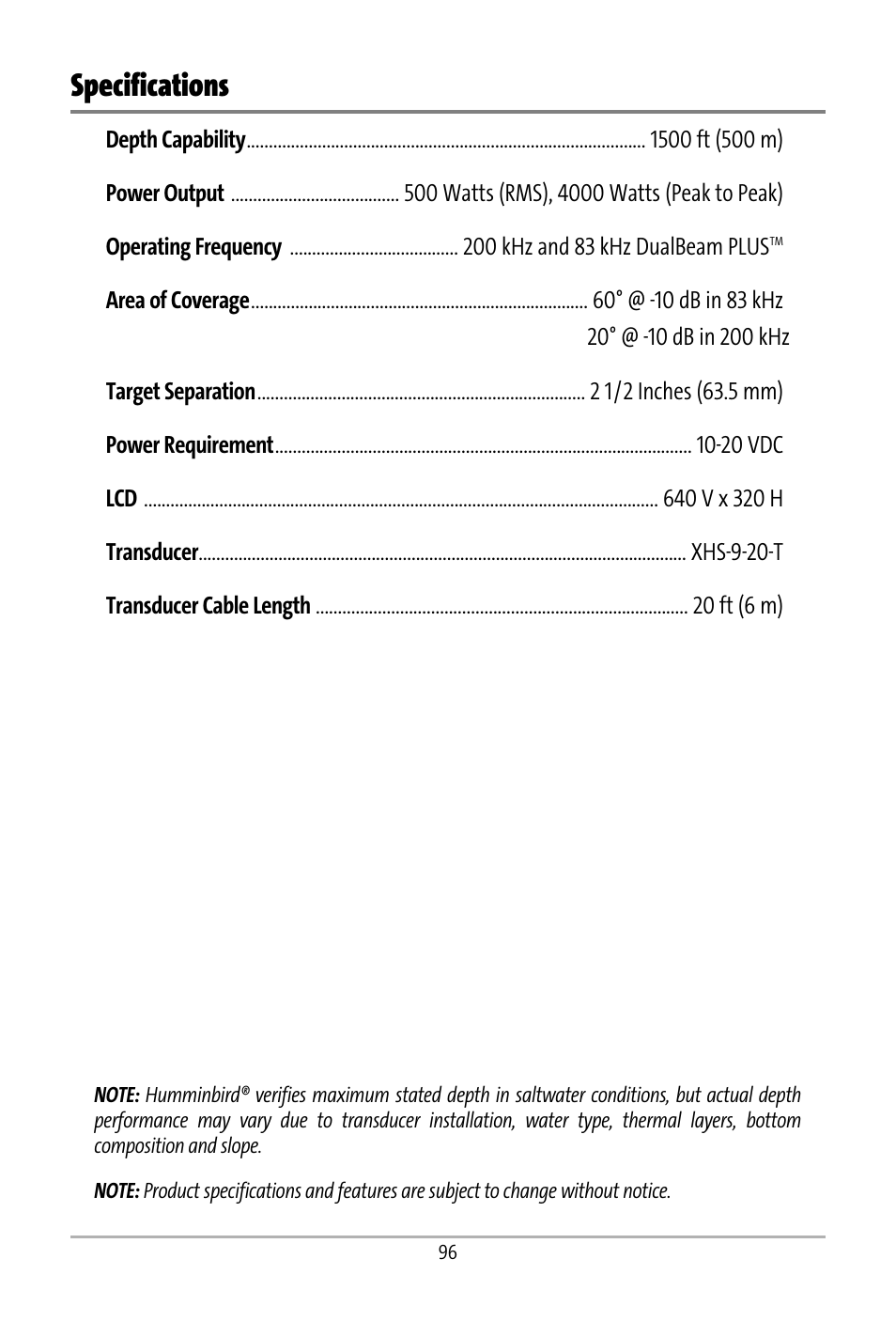 Specifications | Humminbird 531427-1_D User Manual | Page 103 / 119