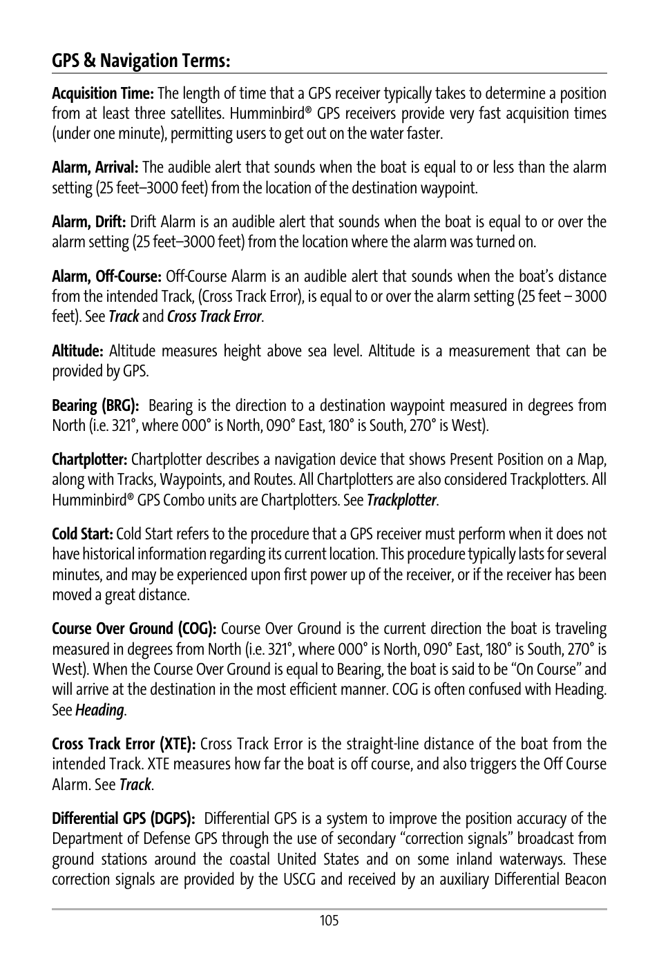 Gps & navigation terms | Humminbird 531427-1_D User Manual | Page 112 / 119