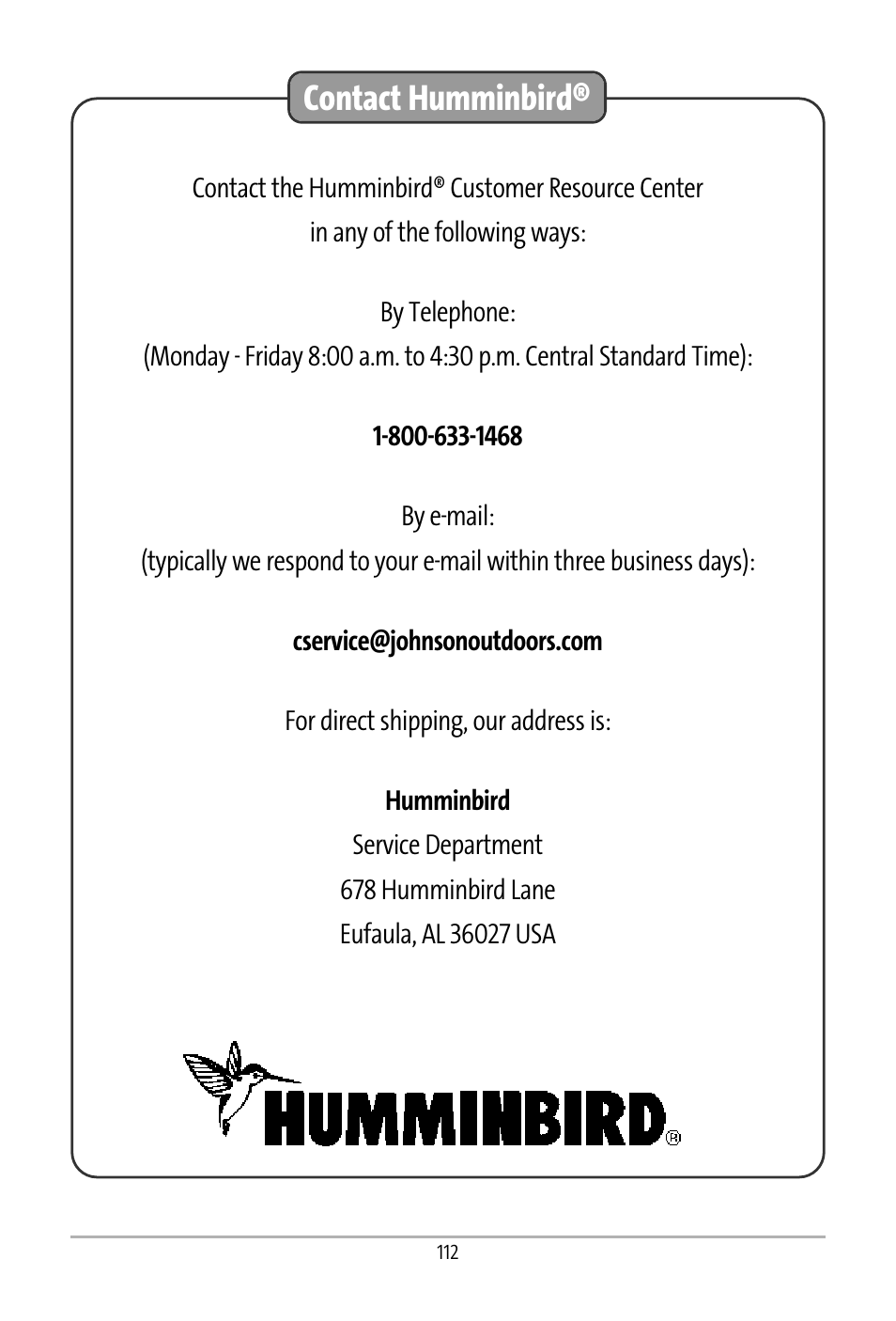 Contact humminbird | Humminbird 531427-1_D User Manual | Page 119 / 119