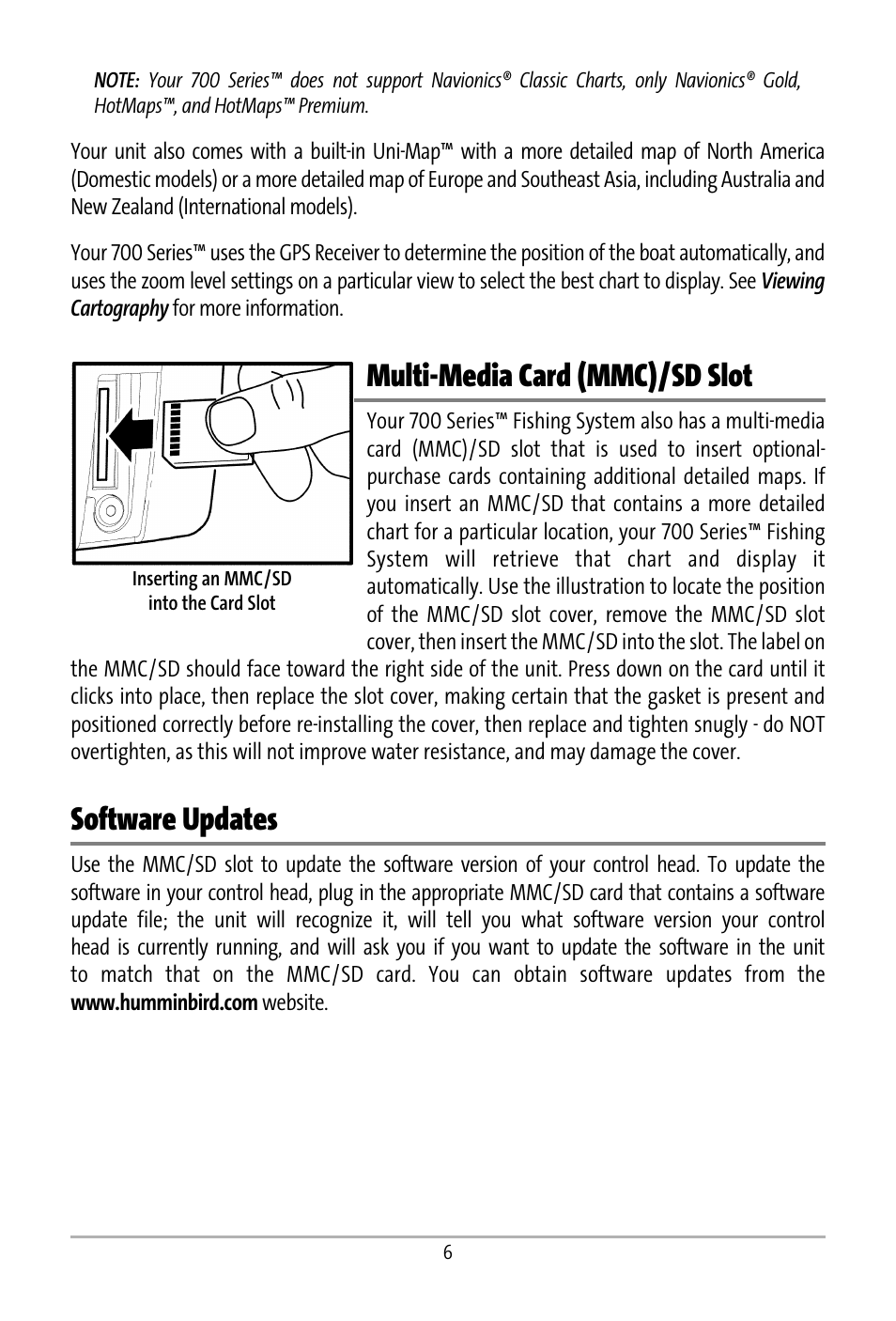 Multi-media card (mmc)/sd slot, Software updates | Humminbird 531427-1_D User Manual | Page 13 / 119