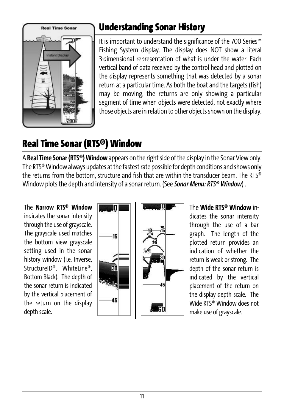 Understanding sonar history, Real time sonar (rts®) window | Humminbird 531427-1_D User Manual | Page 18 / 119