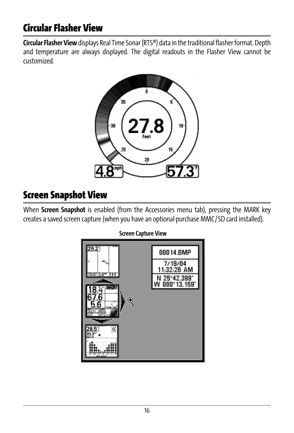 Circular flasher view, Screen snapshot view | Humminbird 531427-1_D User Manual | Page 23 / 119