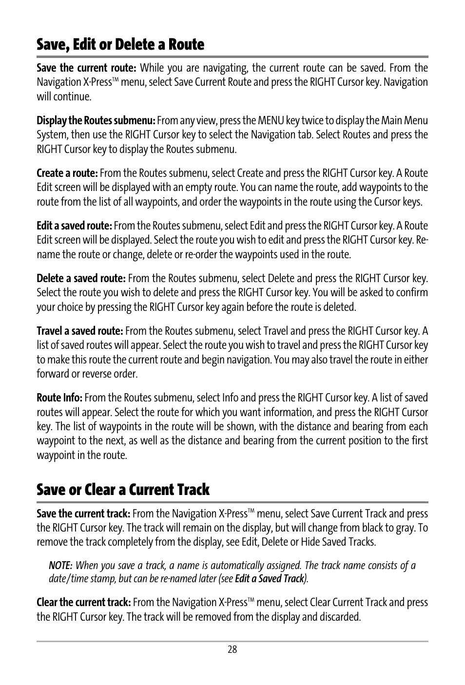 Save, edit or delete a route, Save or clear a current track | Humminbird 531427-1_D User Manual | Page 35 / 119