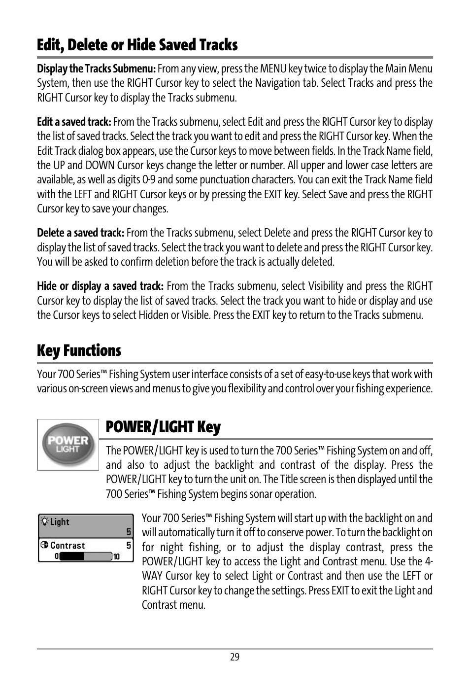 Edit, delete or hide saved tracks, Key functions, Power/light key | Humminbird 531427-1_D User Manual | Page 36 / 119