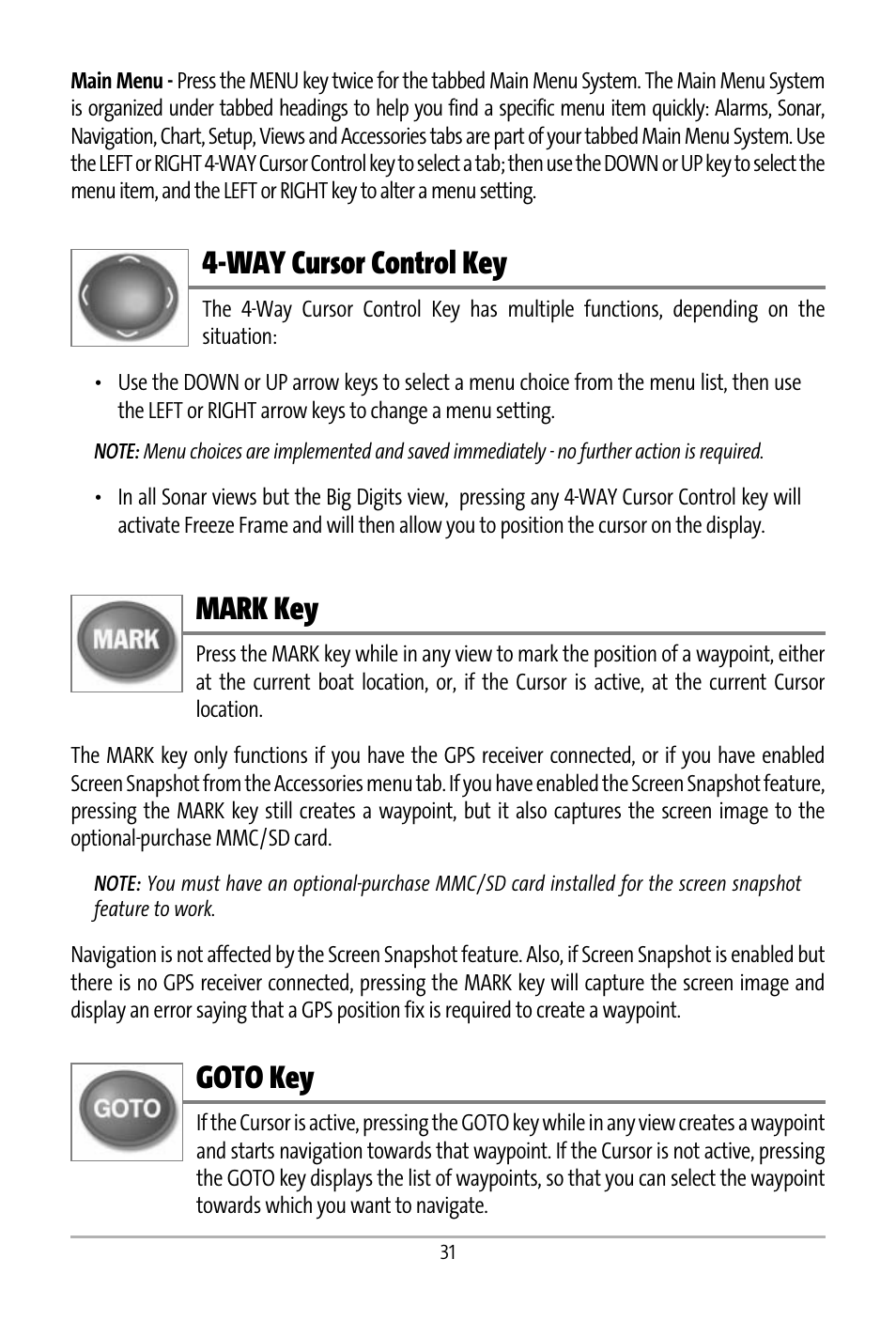 Way cursor control key, Mark key, Goto key | Humminbird 531427-1_D User Manual | Page 38 / 119