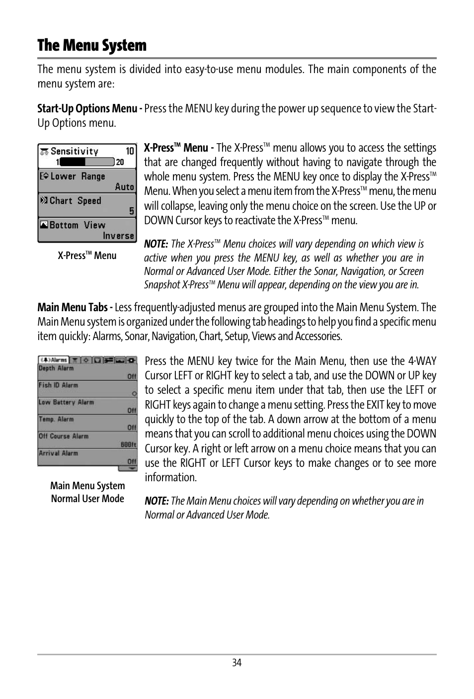 The menu system, Menu - the x-press, Menu. when you select a menu item from the x-press | Menu | Humminbird 531427-1_D User Manual | Page 41 / 119