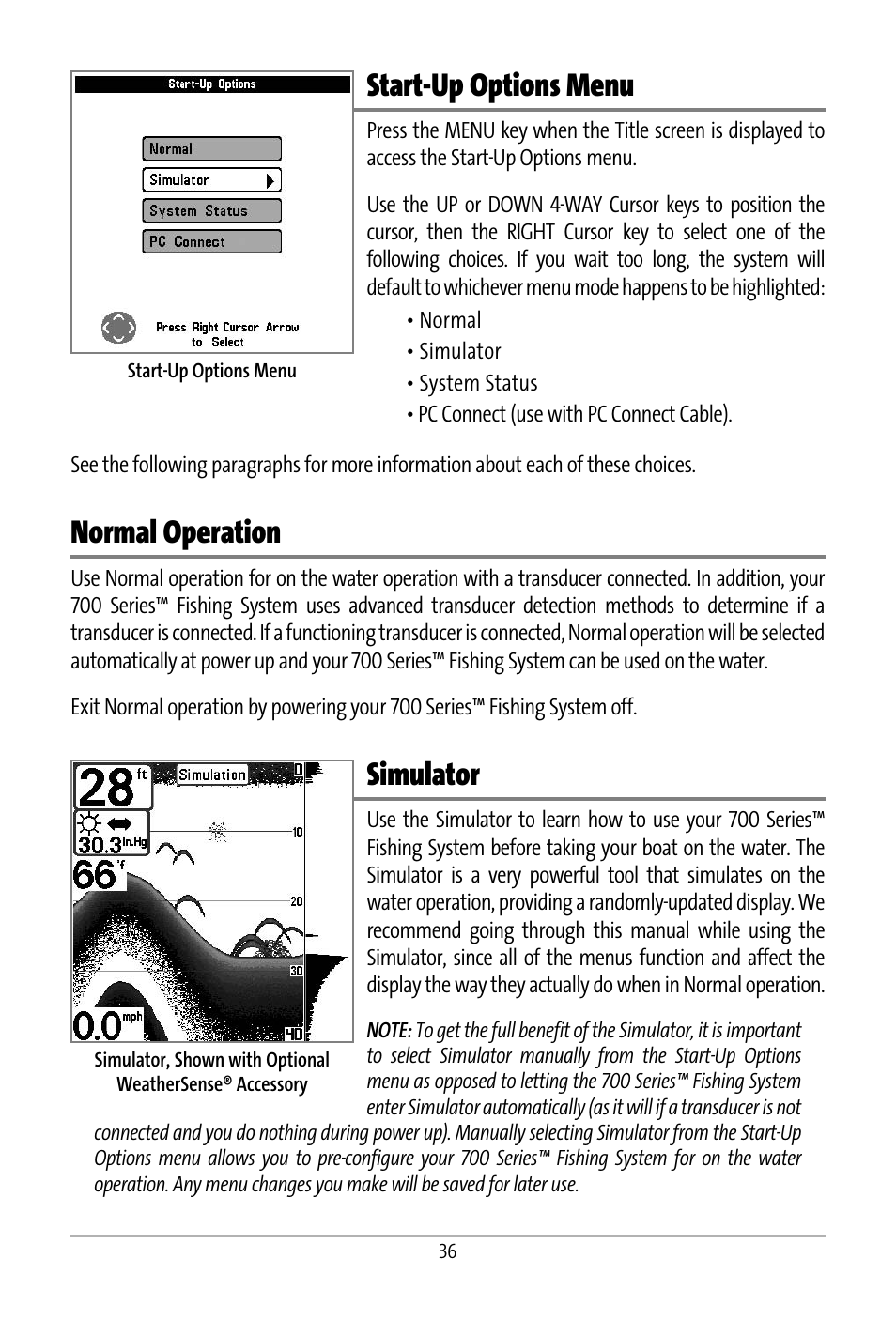 Start-up options menu, Normal operation, Simulator | Humminbird 531427-1_D User Manual | Page 43 / 119