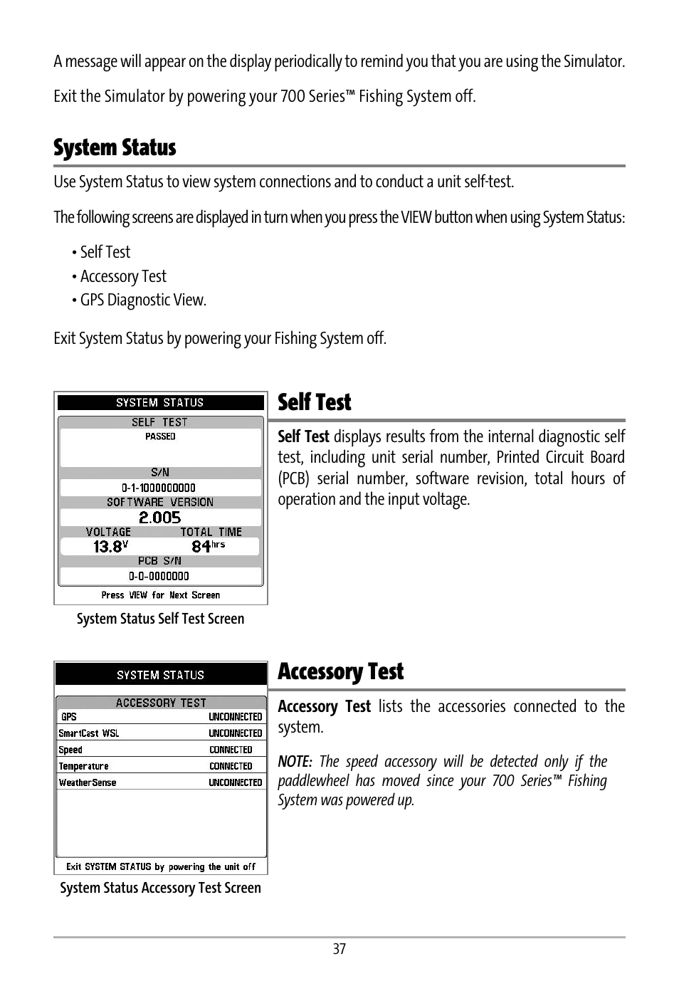 System status, Self test, Accessory test | Humminbird 531427-1_D User Manual | Page 44 / 119