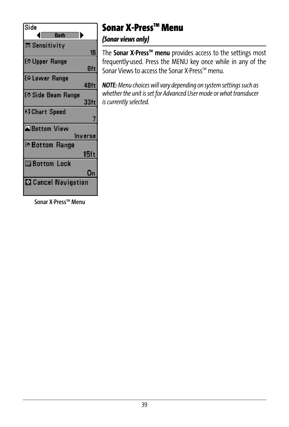 Sonar x-press, Menu | Humminbird 531427-1_D User Manual | Page 46 / 119