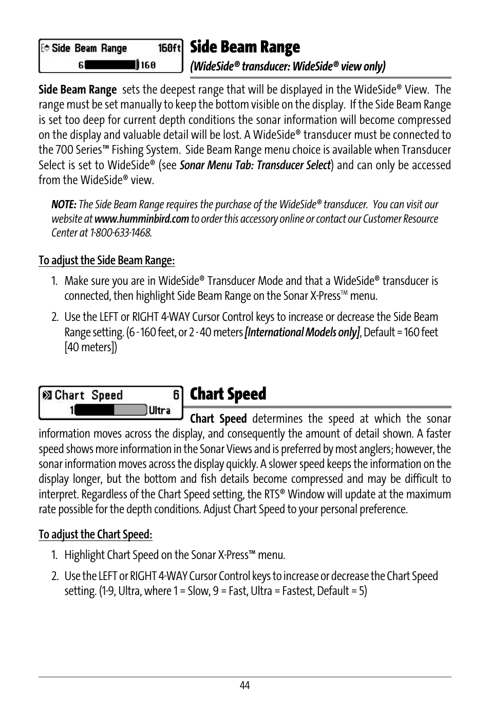 Side beam range, Chart speed | Humminbird 531427-1_D User Manual | Page 51 / 119