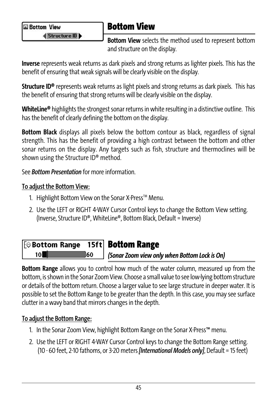 Bottom view, Bottom range | Humminbird 531427-1_D User Manual | Page 52 / 119