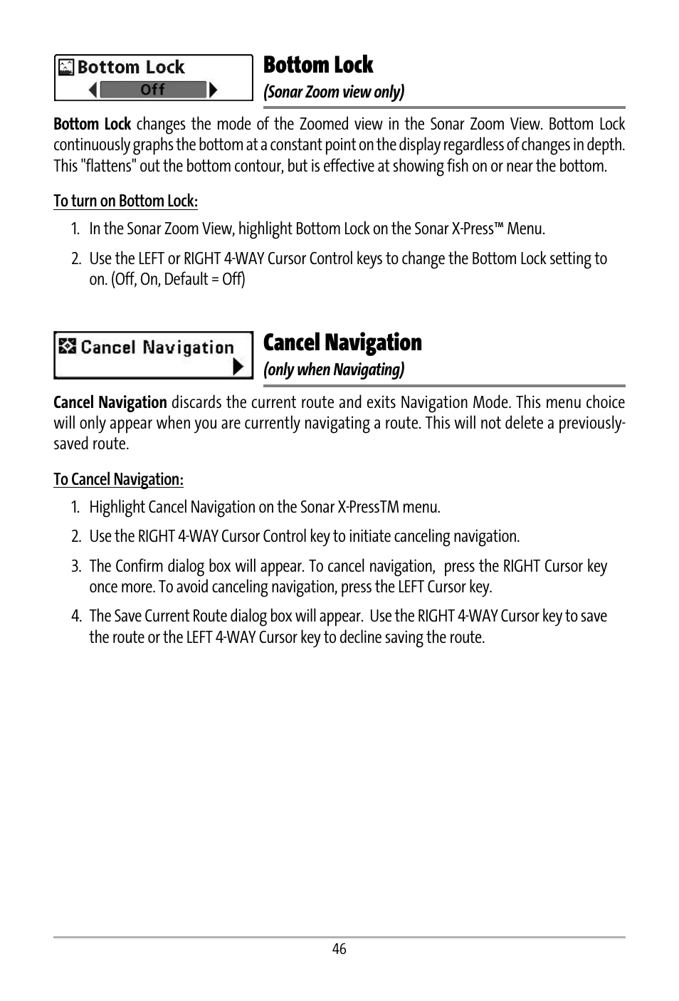 Bottom lock, Cancel navigation | Humminbird 531427-1_D User Manual | Page 53 / 119