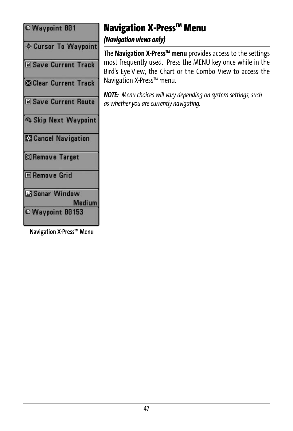 Navigation x-press, Menu | Humminbird 531427-1_D User Manual | Page 54 / 119