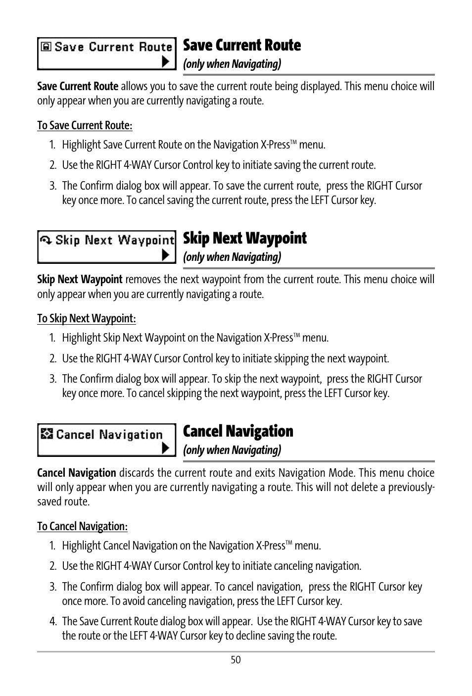 Save current route, Skip next waypoint, Cancel navigation | Humminbird 531427-1_D User Manual | Page 57 / 119