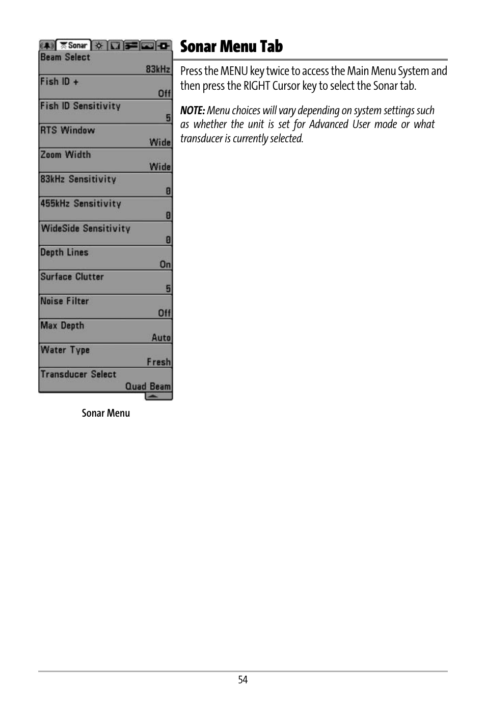 Sonar menu tab | Humminbird 531427-1_D User Manual | Page 61 / 119