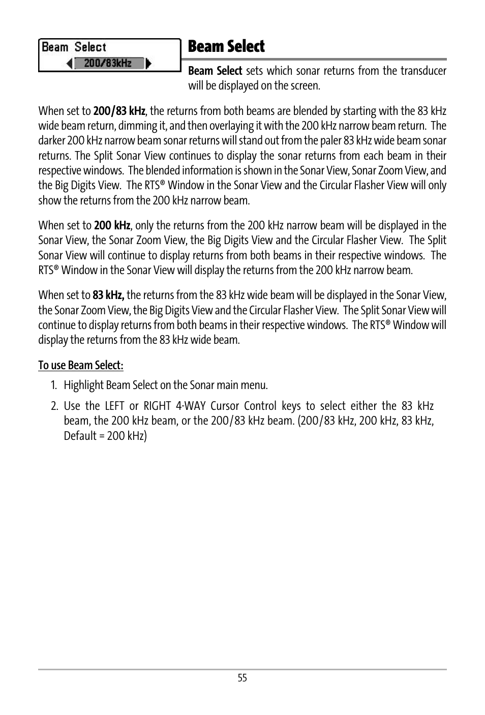 Beam select | Humminbird 531427-1_D User Manual | Page 62 / 119