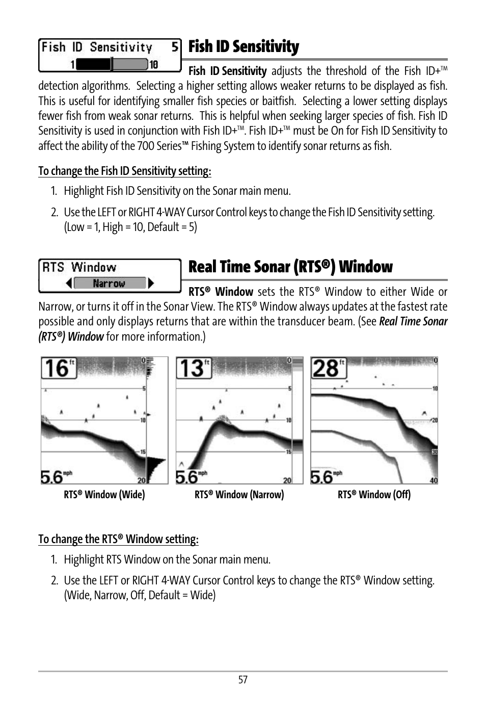 Fish id sensitivity, Real time sonar (rts®) window | Humminbird 531427-1_D User Manual | Page 64 / 119