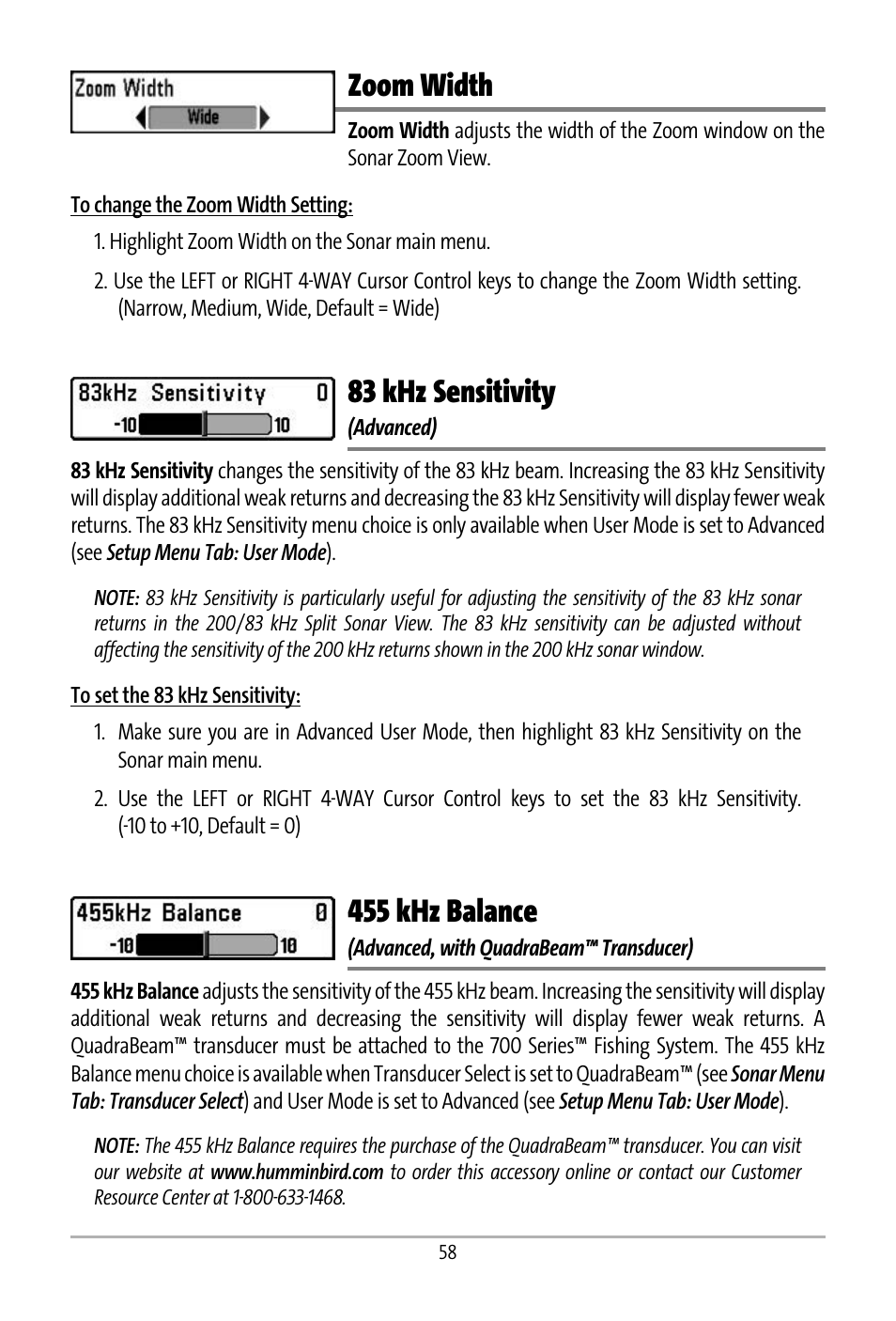 Zoom width, 83 khz sensitivity, 455 khz balance | Humminbird 531427-1_D User Manual | Page 65 / 119