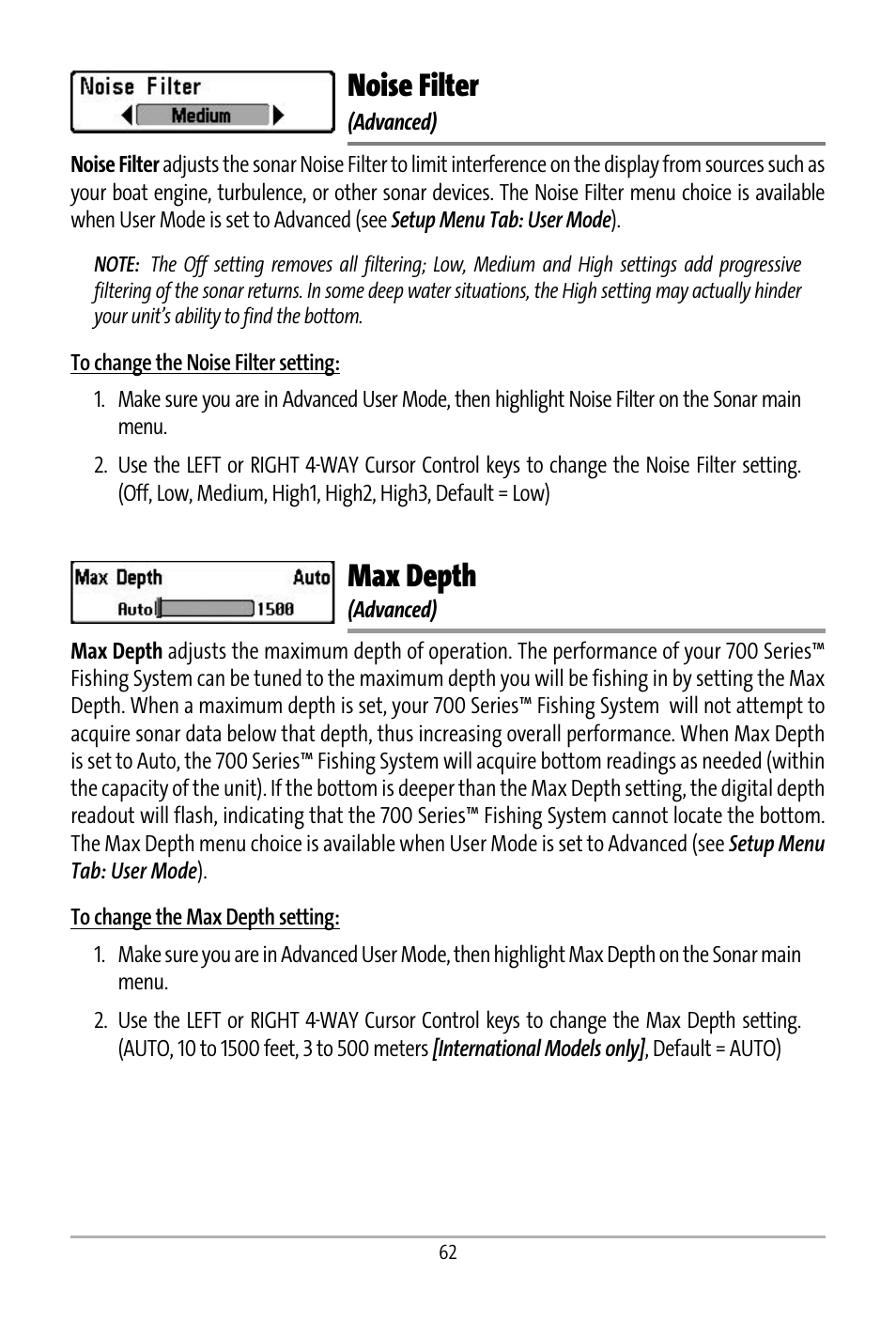 Noise filter, Max depth | Humminbird 531427-1_D User Manual | Page 69 / 119