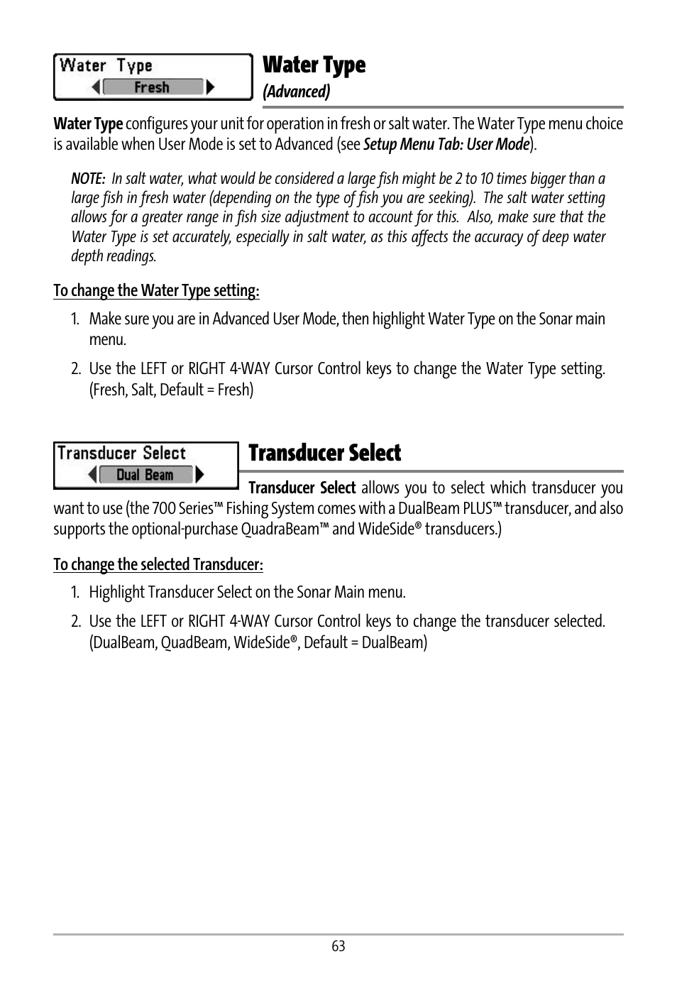 Water type, Transducer select | Humminbird 531427-1_D User Manual | Page 70 / 119