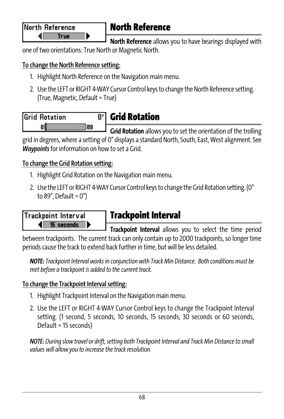 North reference, Grid rotation, Trackpoint interval | Humminbird 531427-1_D User Manual | Page 75 / 119