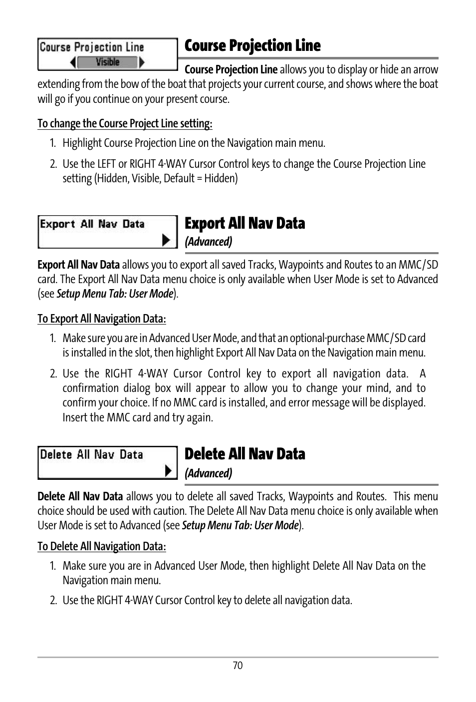 Course projection line, Export all nav data, Delete all nav data | Humminbird 531427-1_D User Manual | Page 77 / 119