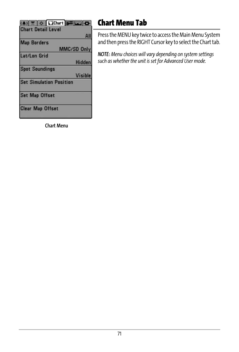 Chart menu tab | Humminbird 531427-1_D User Manual | Page 78 / 119