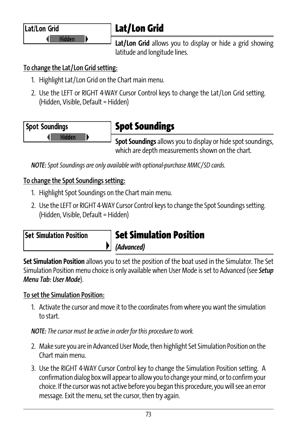 Lat/lon grid, Spot soundings, Set simulation position | Humminbird 531427-1_D User Manual | Page 80 / 119