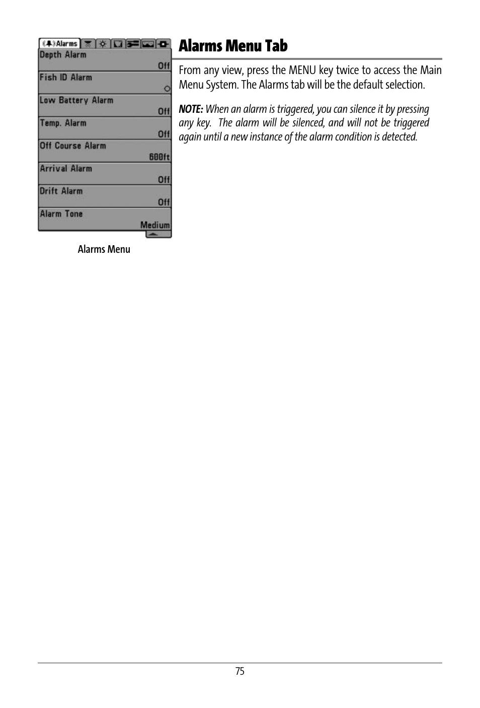 Alarms menu tab | Humminbird 531427-1_D User Manual | Page 82 / 119