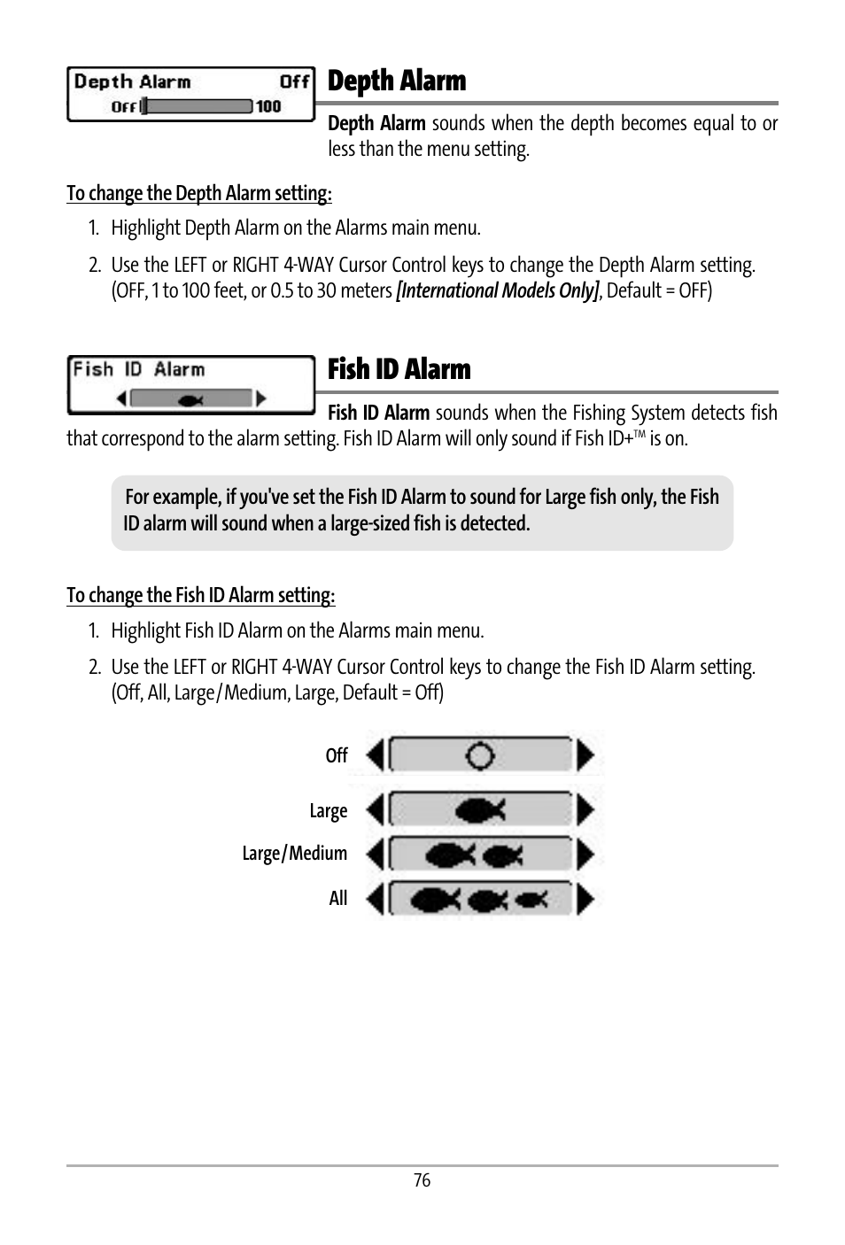 Depth alarm, Fish id alarm | Humminbird 531427-1_D User Manual | Page 83 / 119