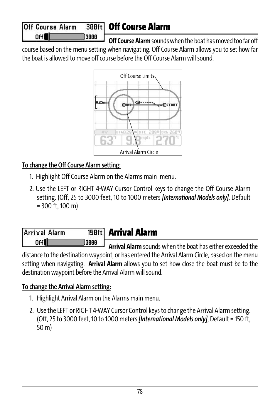 Off course alarm, Arrival alarm | Humminbird 531427-1_D User Manual | Page 85 / 119