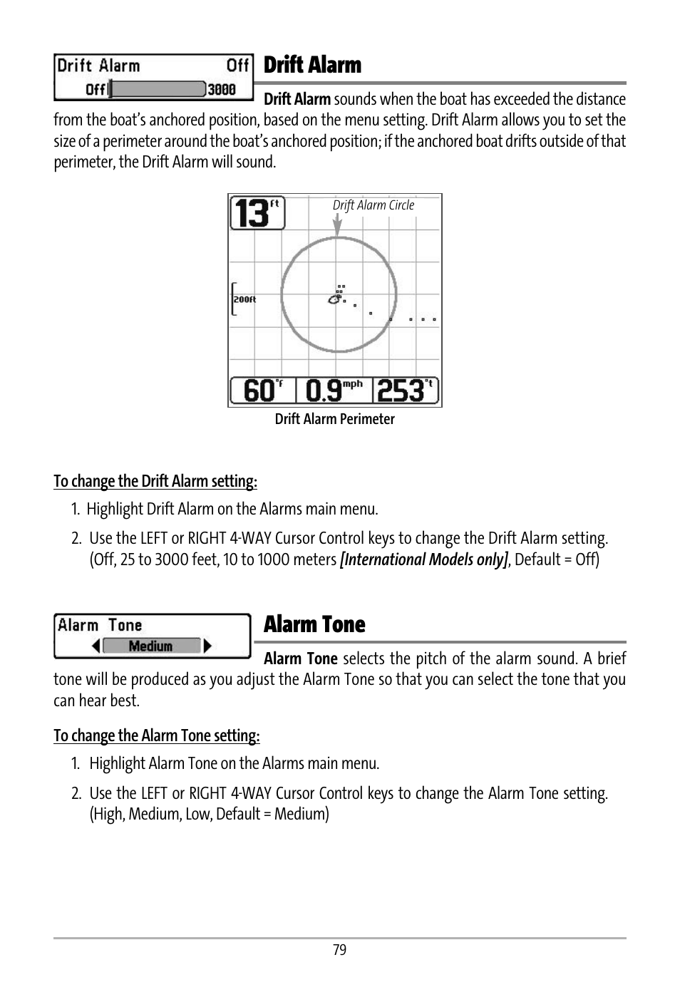 Drift alarm, Alarm tone | Humminbird 531427-1_D User Manual | Page 86 / 119